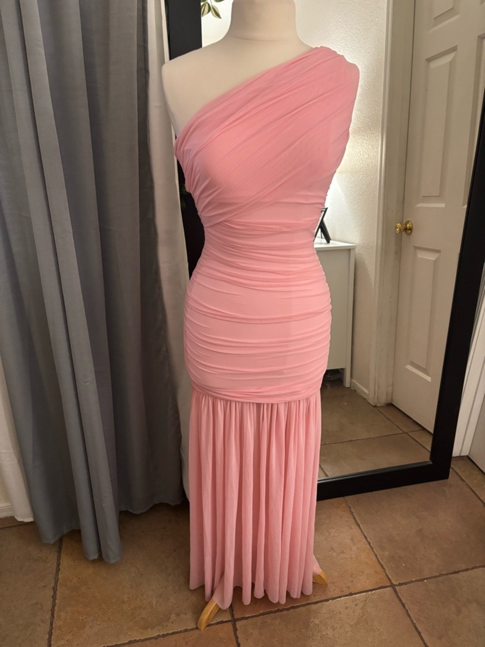 One-Shoulder Blush Ruched Maxi Dress